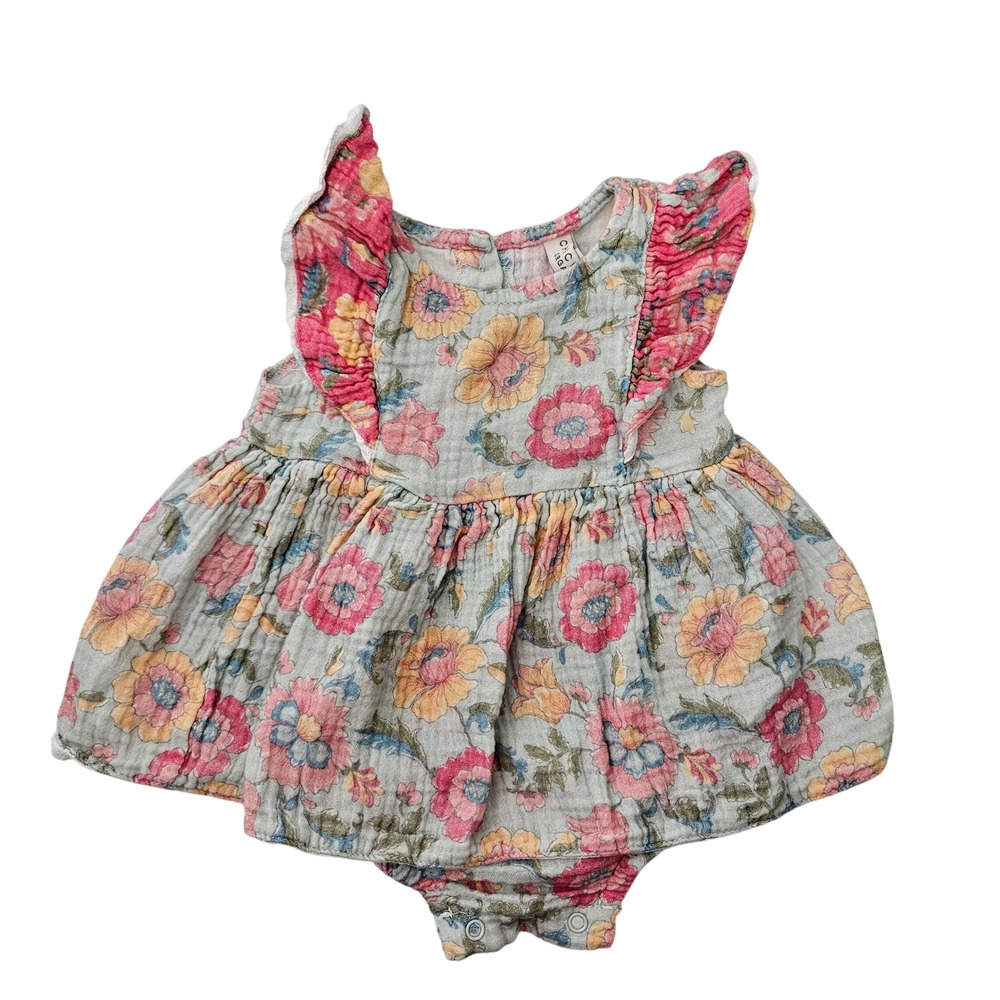 Chickpea Organic Romper Dress Girls 3-6M Blue Pink Floral Muslin Gauze Ruffle